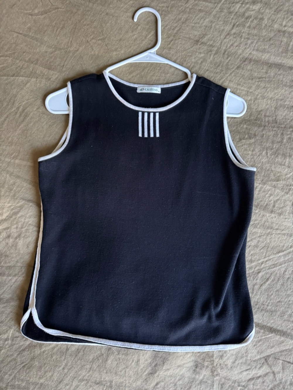 Black Sleeveless Knit Top with White Trim